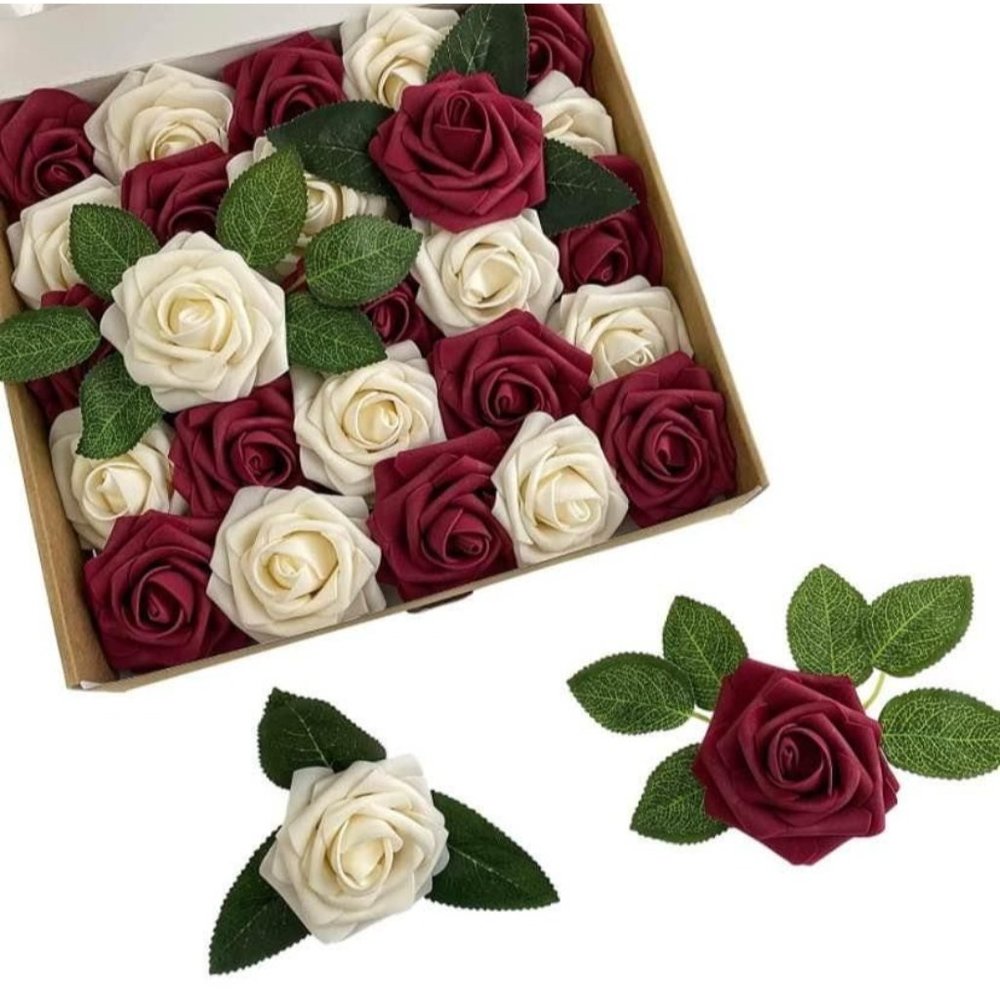 25 Count | Burgundy & Champagne Artificial Flowers Wedding Bouquet Centerpiece